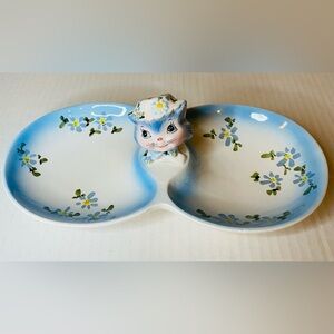 Vintage Lefton Miss Priss Kitty Divided Candy Relish Serving Dish Blue Cat 1507